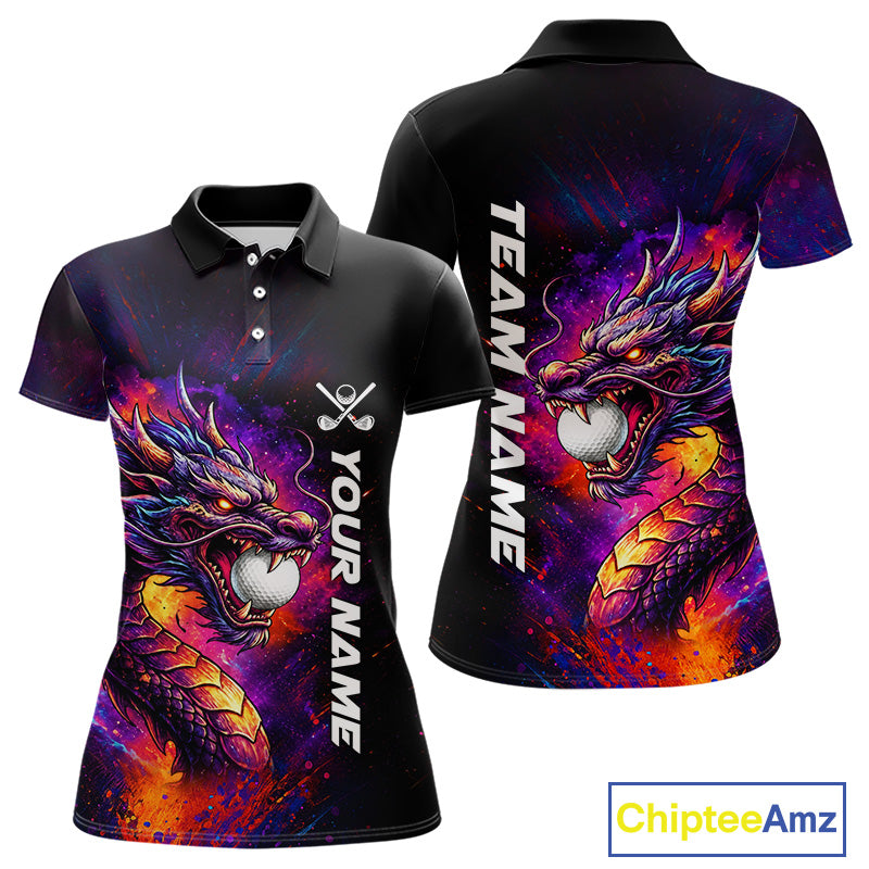 Colorful Dragon women's golf polo shirt, dragon golf apparel, splatter golf team shirt, ladies golf clothing