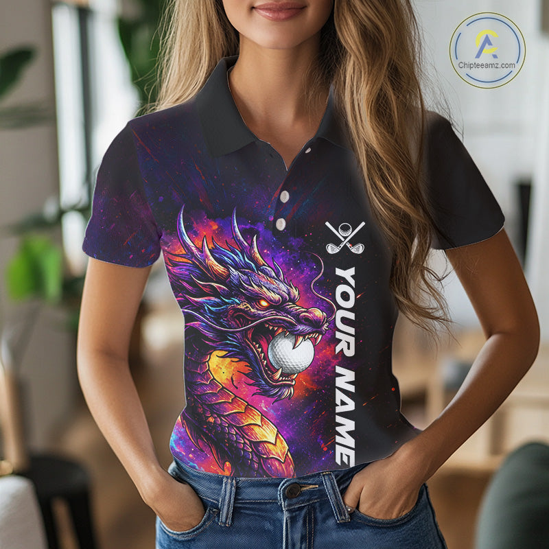 Female golfer wearing colorful dragon golf polo shirt, custom golf attire, women's golf tournament apparel