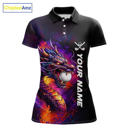 Colorful Dragon women's golf polo shirt, dragon golf apparel, splatter golf team shirt, ladies golf clothing