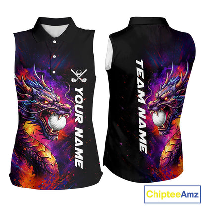Colorful Dragon women's golf polo shirt, dragon golf apparel, splatter golf team shirt, ladies golf clothing