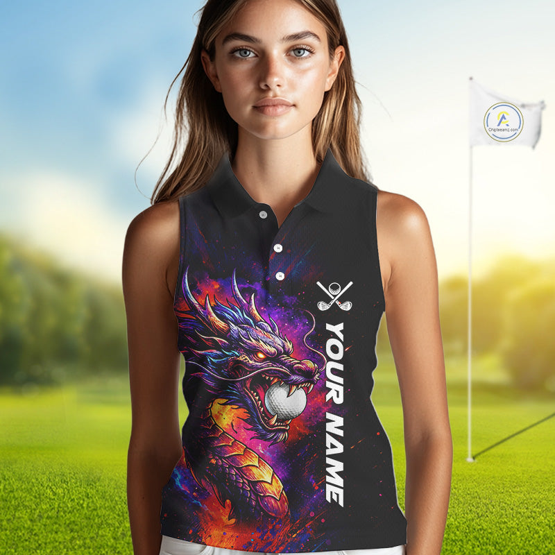 Colorful Dragon women's golf polo shirt, dragon golf apparel, splatter golf team shirt, ladies golf clothing