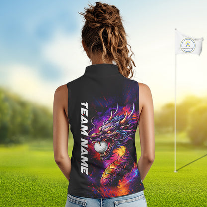 Colorful Dragon women's golf polo shirt, dragon golf apparel, splatter golf team shirt, ladies golf clothing