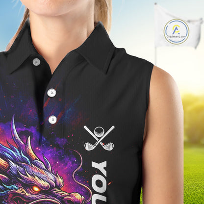 Colorful Dragon women's golf polo shirt, dragon golf apparel, splatter golf team shirt, ladies golf clothing