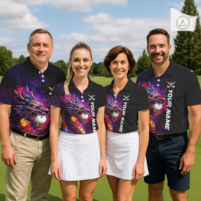 Men's golf team wearing matching colorful dragon golf polo shirts, golf league uniforms, custom golf apparel