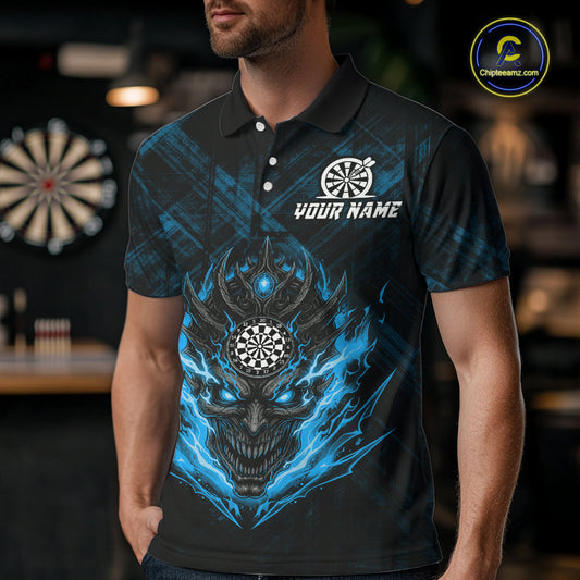 Blue Skull Lightning Thunder Grunge Dartboard Custom Men Polo Darts Shirt Dart Gifts NYN2014