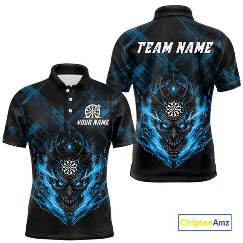 Blue Skull Lightning Thunder Grunge Dartboard Custom Men Polo Darts Shirt Dart Gifts NYN2014
