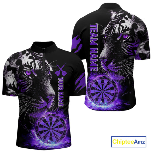 Purple Horror Tiger Fire Flame Dartboard Custom Men Darts Quarter-Zip League Shirts Dart Jerseys NYN2247