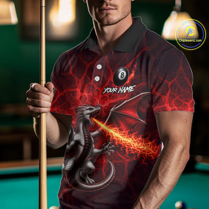 Custom Red Flaming Dragon 8 Ball Billiard Polo Shirts For Men, Dragon Billiard Tournament Team Shirt NYN3289