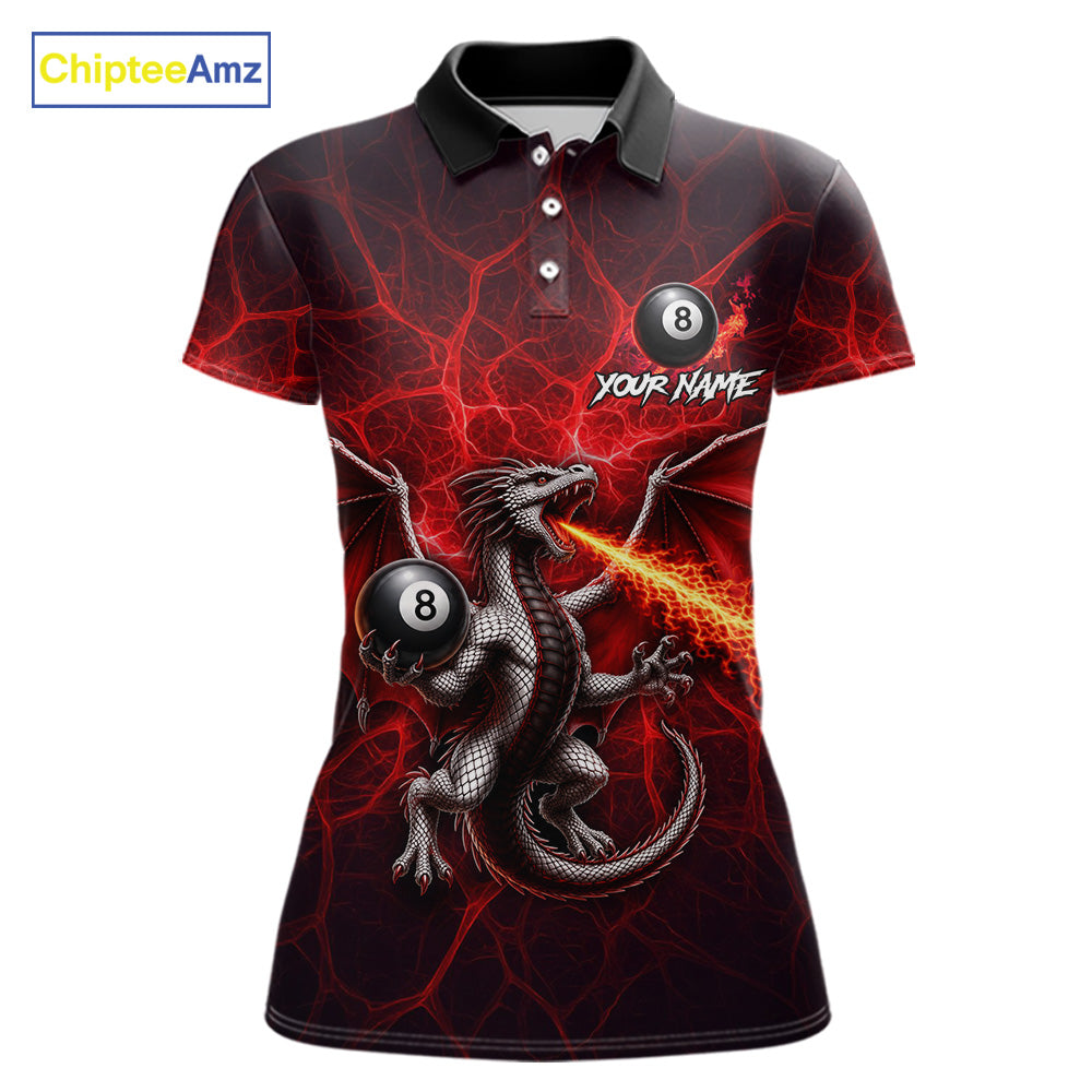 Red flaming dragon 8 ball billiard polo shirt for women custom tournament apparel
