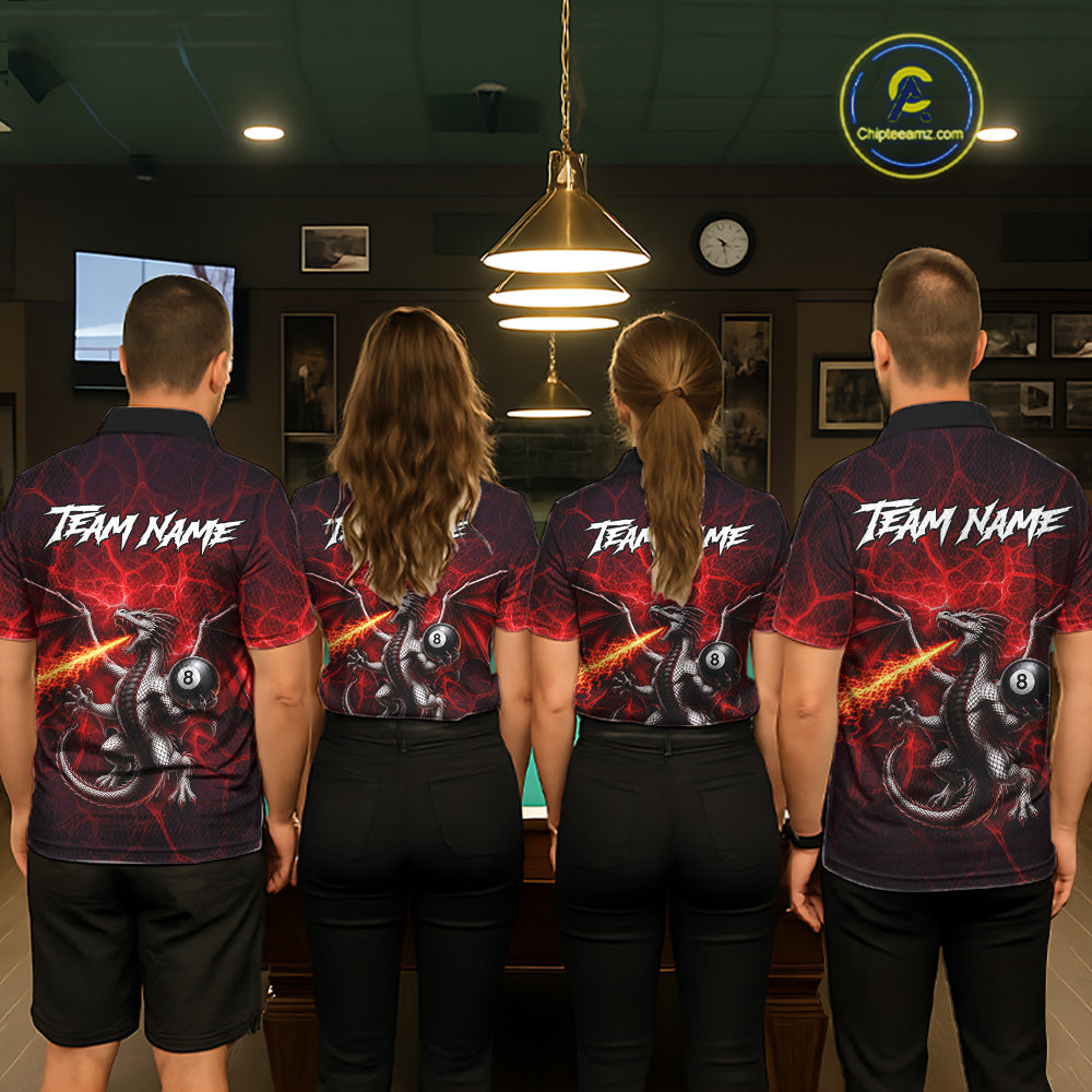 Custom Red Flaming Dragon 8 Ball Billiard Polo Shirts For Men, Dragon Billiard Tournament Team Shirt NYN3289