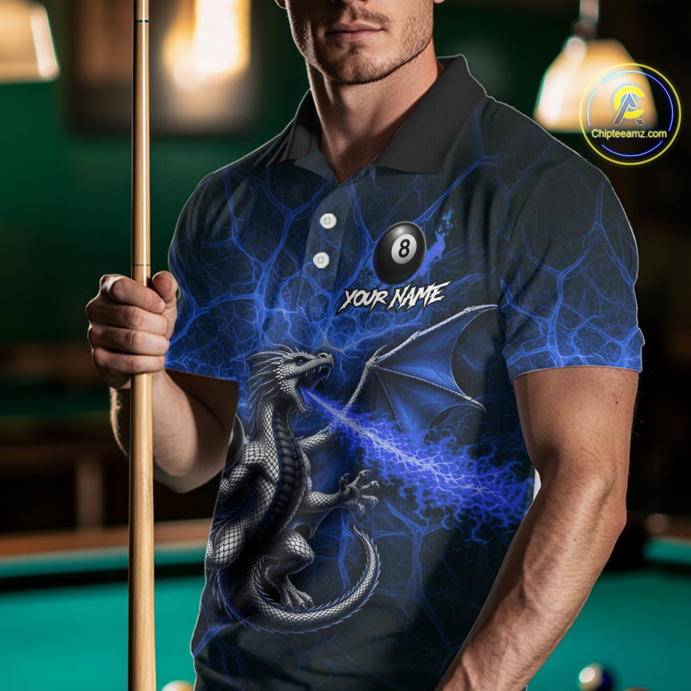 Custom Blue Flaming Dragon 8 Ball Billiard Polo Shirts For Men, Dragon Billiard Tournament Team Shirt NYN3290