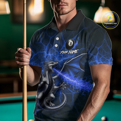 Custom Blue Flaming Dragon 8 Ball Billiard Polo Shirts For Men, Dragon Billiard Tournament Team Shirt NYN3290