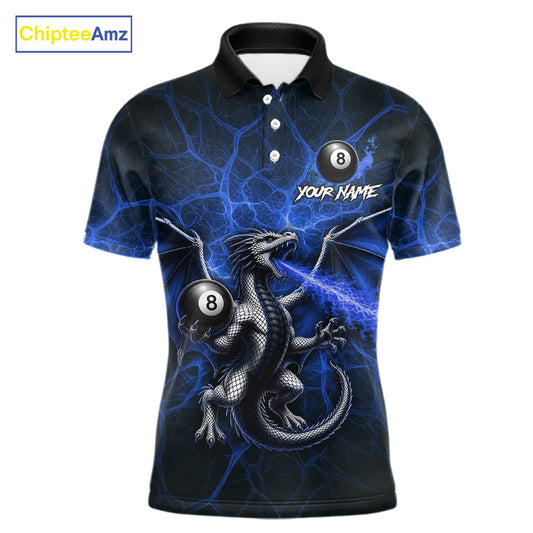 Blue flaming dragon billiard polo shirt with 8 ball design for men