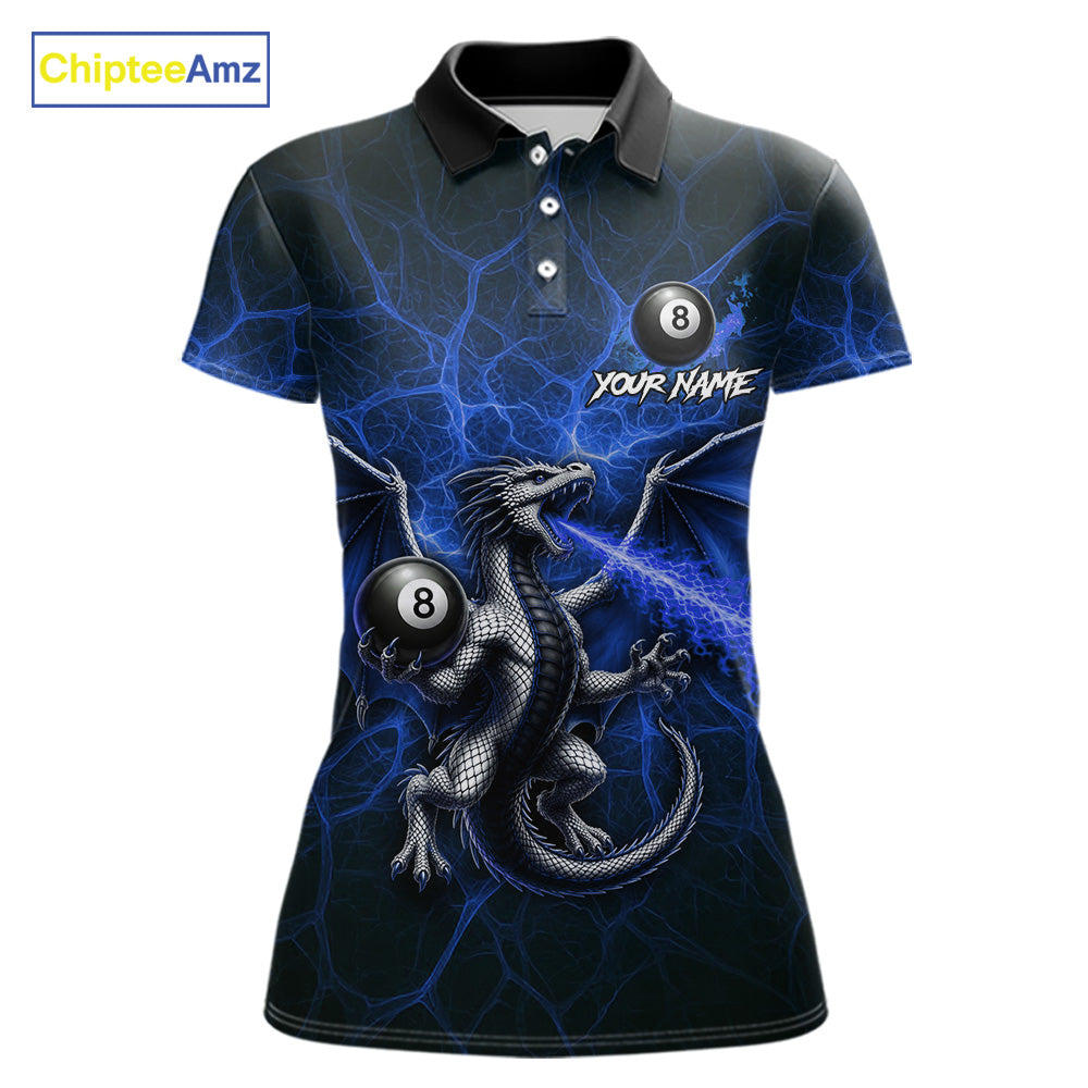 Blue flaming dragon billiard polo shirt with 8 ball design for women