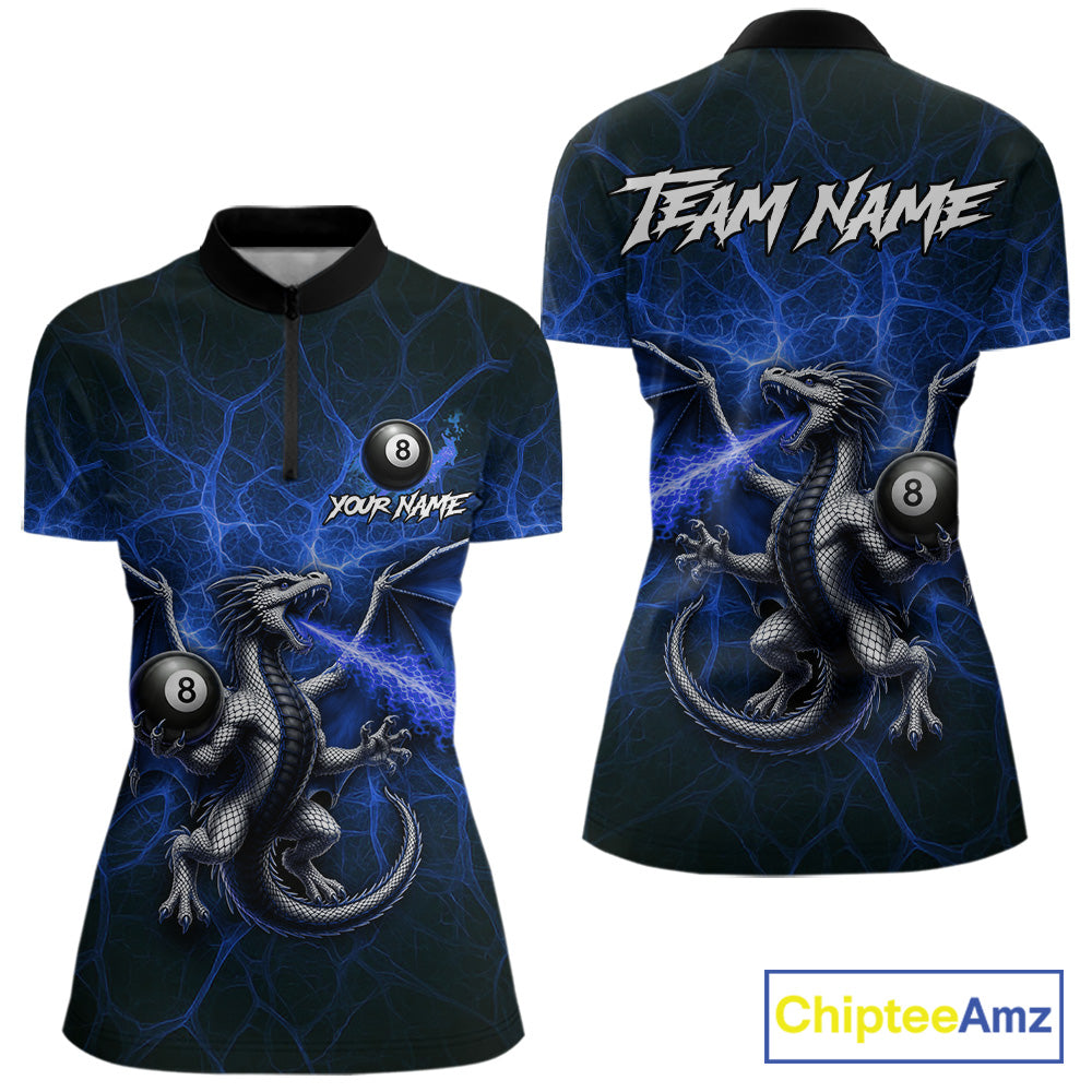 Blue flaming dragon billiard 1/4-zip shirt with 8 ball design for women
