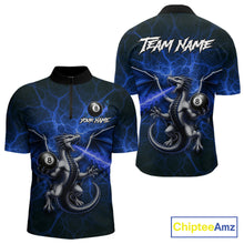 Load image into Gallery viewer, Blue flaming dragon billiard 1/4-zip shirt with 8 ball design for men