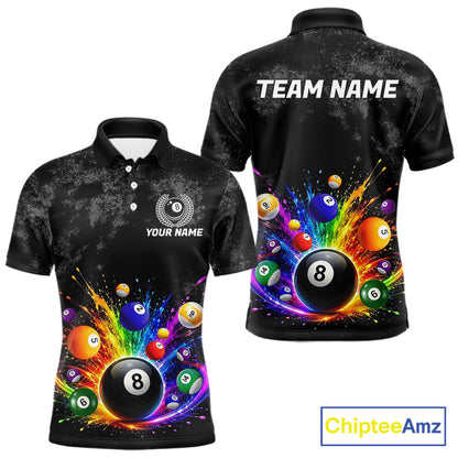 Rainbow splatter 8 ball pool polo shirt for men grunge billiard apparel