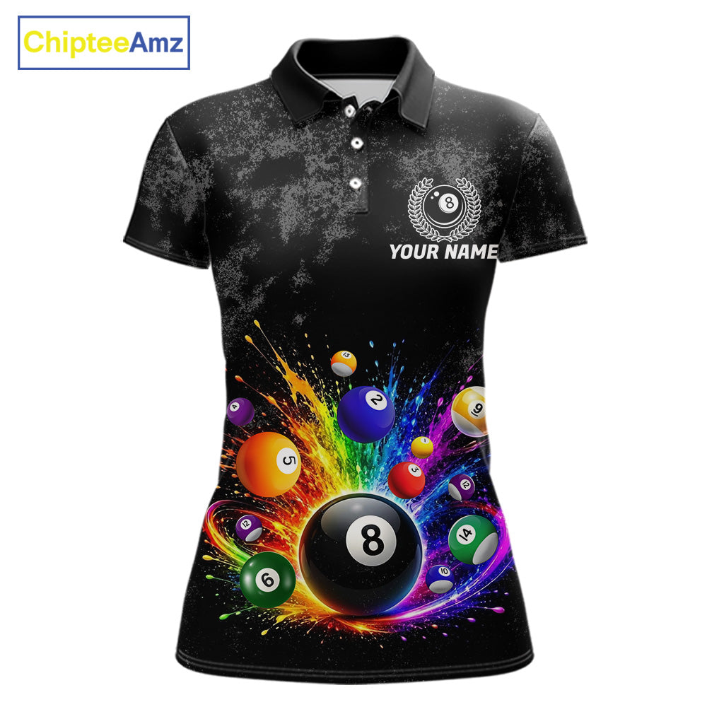 Rainbow splatter 8 ball pool polo shirt for women grunge billiard apparel