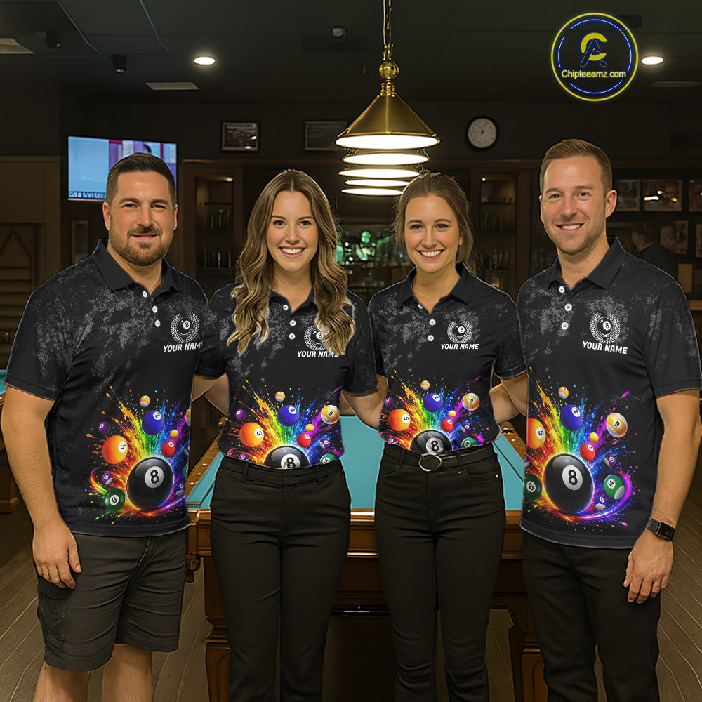 Personalized Rainbow Splatter 8 Ball Pool Polo Shirts For Men, Custom Grunge Billiard Team Apparel NYN3294