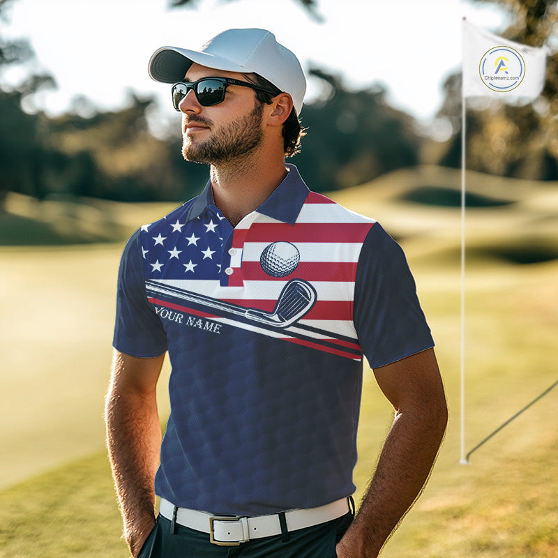 Male golfer wearing funny cat American flag golf polo shirt, personalized golf apparel, patriotic golf outfit