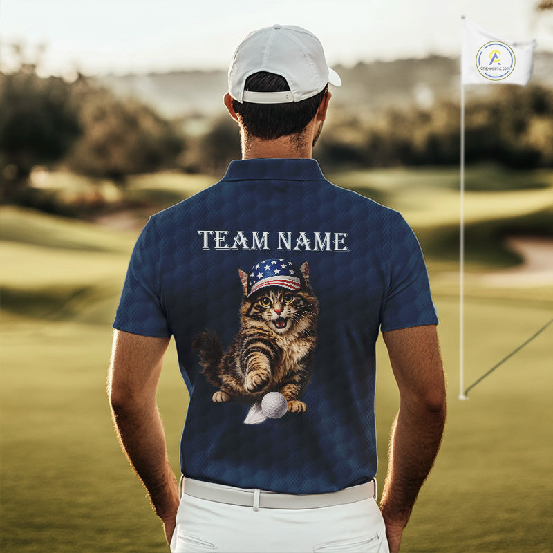 Male golfer wearing funny cat American flag golf polo shirt, personalized golf apparel, patriotic golf outfit