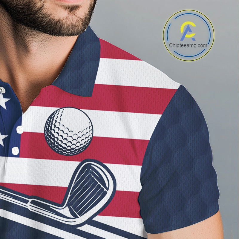 Male golfer wearing funny cat American flag golf polo shirt, personalized golf apparel, patriotic golf outfit