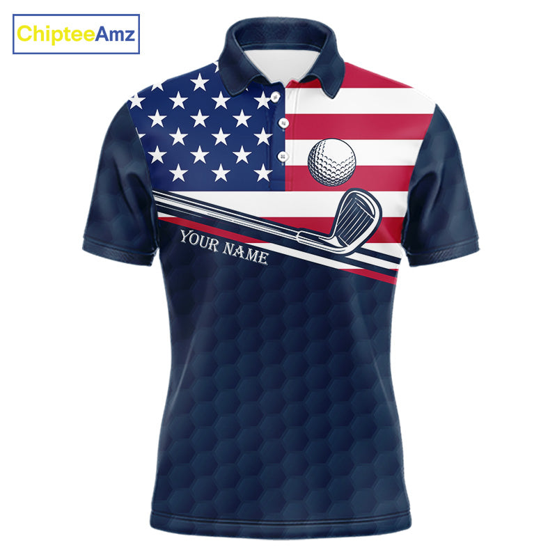 Men's funny cat golf polo shirt, American flag golf apparel, custom name golf shirt, patriotic golf clothing, golf team uniform