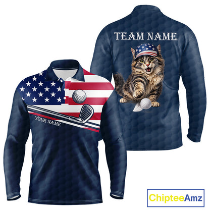 Men's funny cat golf long sleeves polo shirt, American flag golf apparel, custom name golf shirt, patriotic golf clothing, golf team uniform