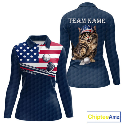 Women's funny cat golf long sleeves polo shirt, American flag golf apparel, custom name golf shirt, patriotic golf clothing, golf team uniform