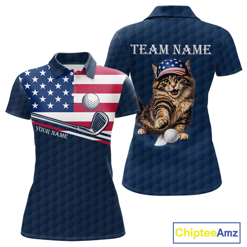 Women's funny cat golf short sleeves polo shirt, American flag golf apparel, custom name golf shirt, patriotic golf clothing, golf team uniform