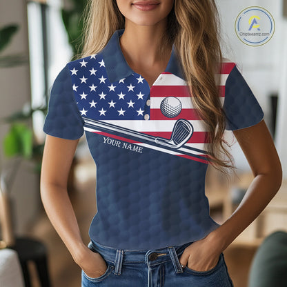 Female golfer wearing funny cat American flag golf polo shirt, personalized golf apparel, patriotic golf outfit