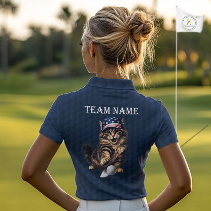Female golfer wearing funny cat American flag golf polo shirt, personalized golf apparel, patriotic golf outfit