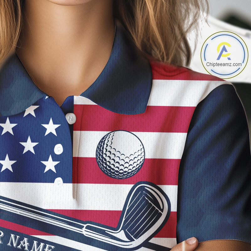 Female golfer wearing funny cat American flag golf polo shirt, personalized golf apparel, patriotic golf outfit