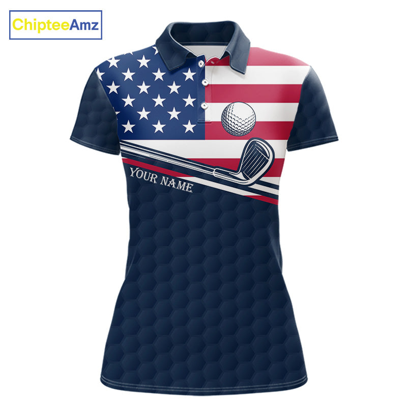 Women's funny cat golf short sleeves polo shirt, American flag golf apparel, custom name golf shirt, patriotic golf clothing, golf team uniform
