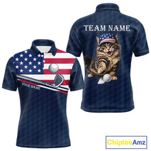 Load image into Gallery viewer, Men's funny cat golf polo shirt, American flag golf apparel, custom name golf shirt, patriotic golf clothing, golf team uniform