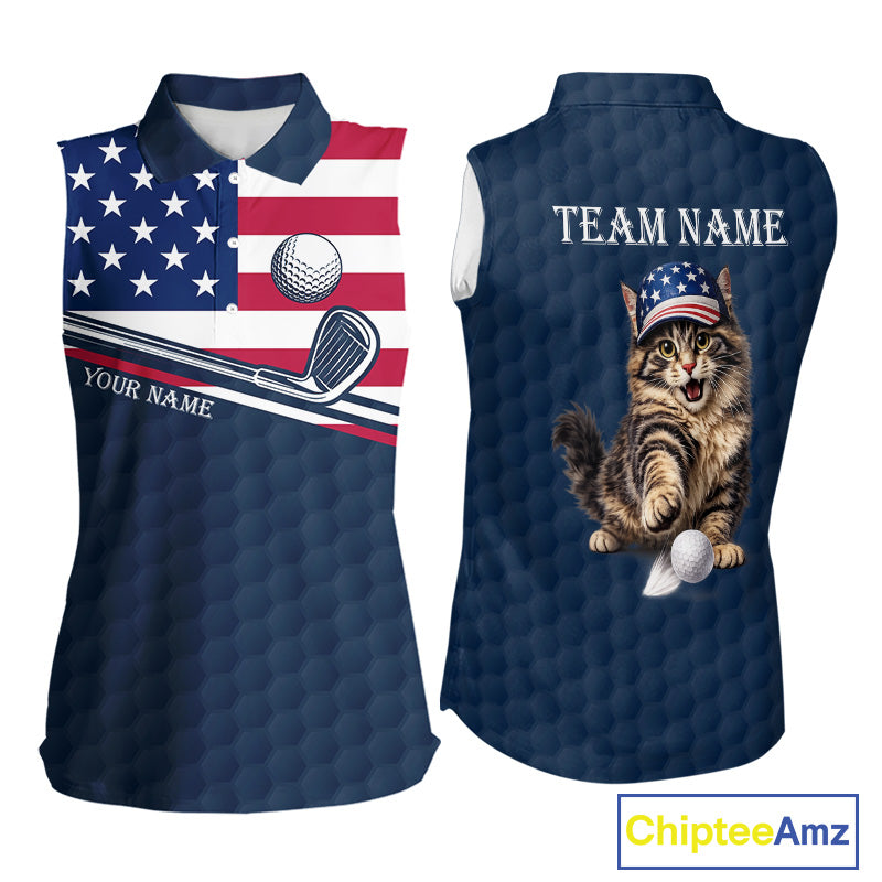 Women's funny cat golf polo shirt, American flag golf apparel, custom name golf shirt, patriotic golf clothing, golf team uniform