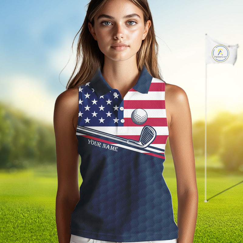 Female golfer wearing funny cat American flag golf polo shirt, personalized golf apparel, patriotic golf outfit