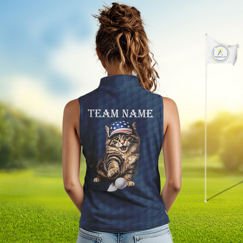 Female golfer wearing funny cat American flag golf polo shirt, personalized golf apparel, patriotic golf outfit