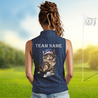 Female golfer wearing funny cat American flag golf polo shirt, personalized golf apparel, patriotic golf outfit