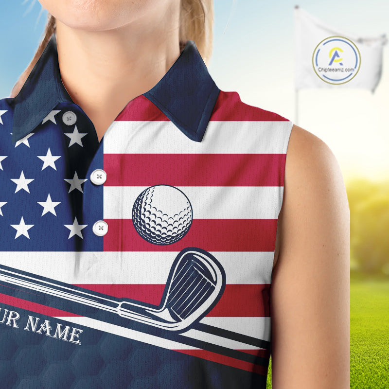Female golfer wearing funny cat American flag golf polo shirt, personalized golf apparel, patriotic golf outfit