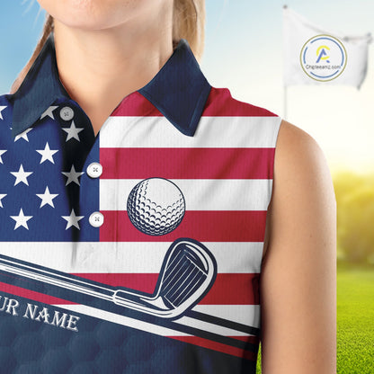 Female golfer wearing funny cat American flag golf polo shirt, personalized golf apparel, patriotic golf outfit