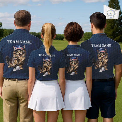 Men women golf team wearing matching funny cat golf polo shirts, custom golf team uniforms, patriotic golf apparel