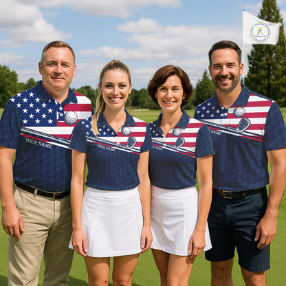Men women golf team wearing matching funny cat golf polo shirts, custom golf team uniforms, patriotic golf apparel