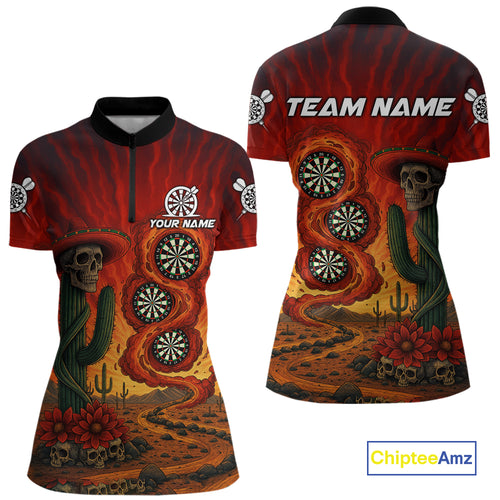 Custom Cactus Sombrero Skull Smoke Flames Dartboard Women Quarter-Zip Dart Shirt Dart Gifts NYN2030