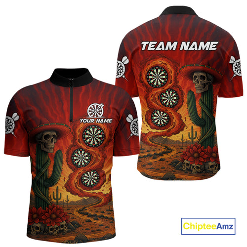 Custom Cactus Sombrero Skull Smoke Flames Dartboard Men Quarter-Zip  Dart Shirt Dart Gifts NYN2030