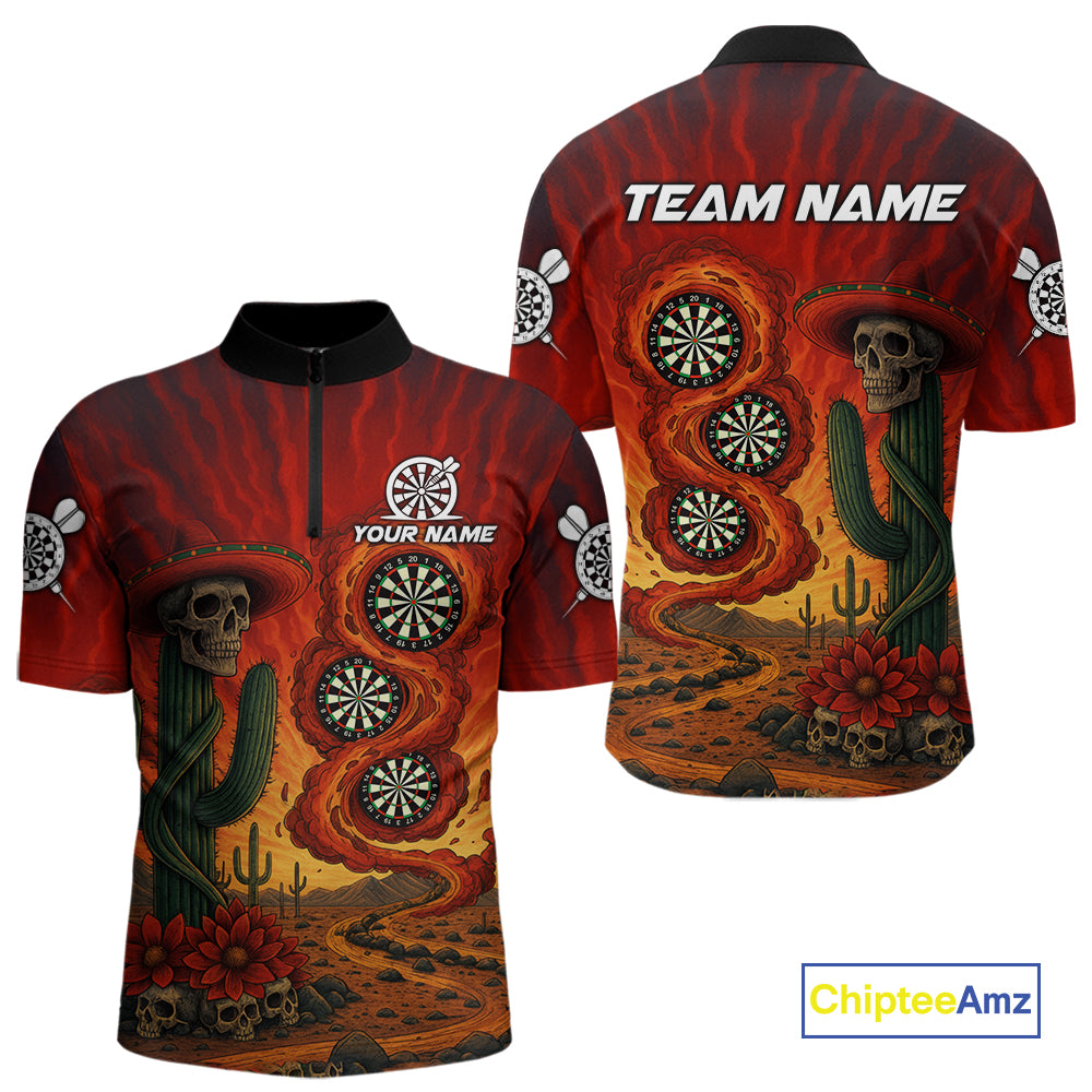 Custom Cactus Sombrero Skull Smoke Flames Dartboard Men Quarter-Zip  Dart Shirt Dart Gifts NYN2030