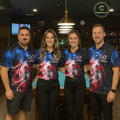 Heart US Flag Pool 8 Ball Women's Billiard Shirt Custom Couple Patriotic Billiard Attire NYN2549