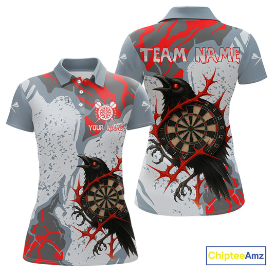 Gray And Red Raven Darts Shirt For Women - Custom Team Name - Unique Dartboard NYN0349