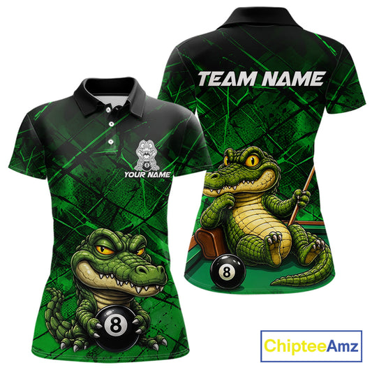 Funny crocodile 8 ball billiard polo shirt for men green grunge pool jersey