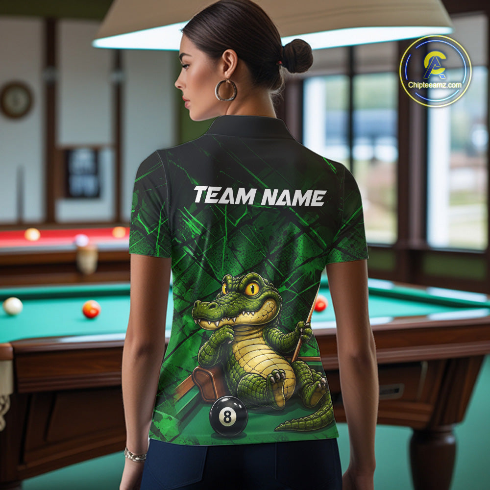 Funny Crocodile 8 Ball Pool Billiard Shirts For Women Custom Green Grunge Billiard Polo & 1/4-Zip Jersey NYN3313